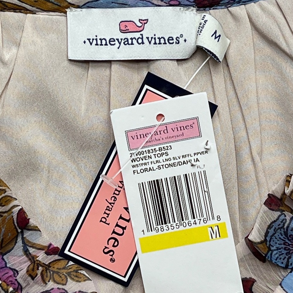 Vineyard Vines Women Blouse Floral Polyester M Ruffle Shoulder Boho Preppy - Picture 4 of 13